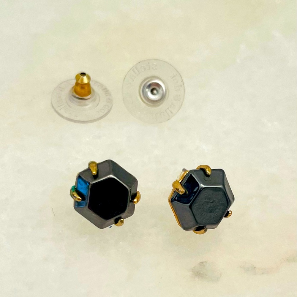 Hexagon Stud Earrings with Black stone and Gold Accents